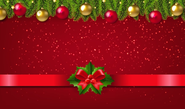 Guirnalda de Navidad y bola roja y dorada de Navidad y cinta roja
