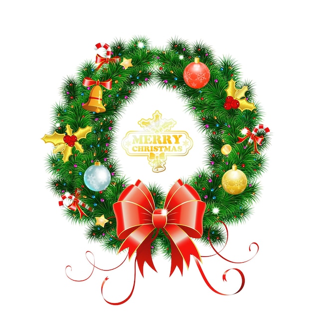 Guirnalda de Navidad decorativa con arco, caramelo, adornos y elemento de decoración. Ilustración de vector aislado corona de Navidad