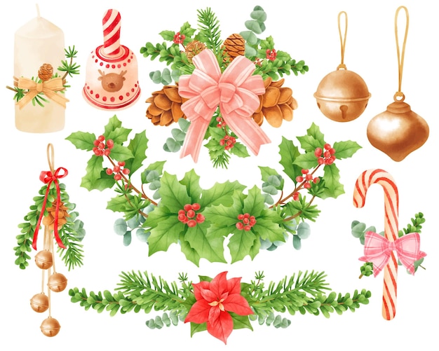 Guirnalda de Navidad elementos de decoración ilustraciones estilos de acuarela