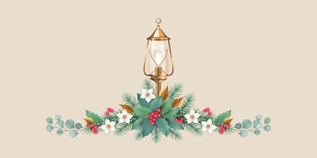 Guirnalda de Navidad de flores ramas de abeto bayas rojas y linterna dorada