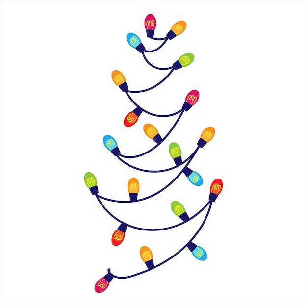 Guirnalda de Navidad en forma de árbol de Navidad Bombillas de luz de colores Decoración para el árbol de navidad Ilustración vectorial sobre un fondo blanco