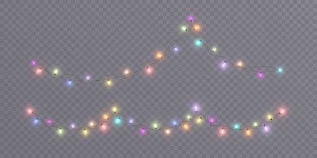 Guirnalda de Navidad de luces brillantes bombillas en un alambre para Año Nuevo y decoración de vacaciones