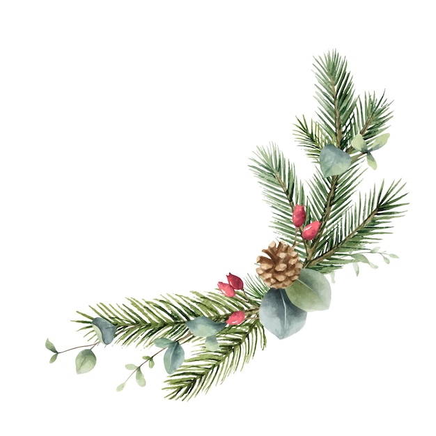 Guirnalda de Navidad vector acuarela con cono de ramas de abeto y eucalipto