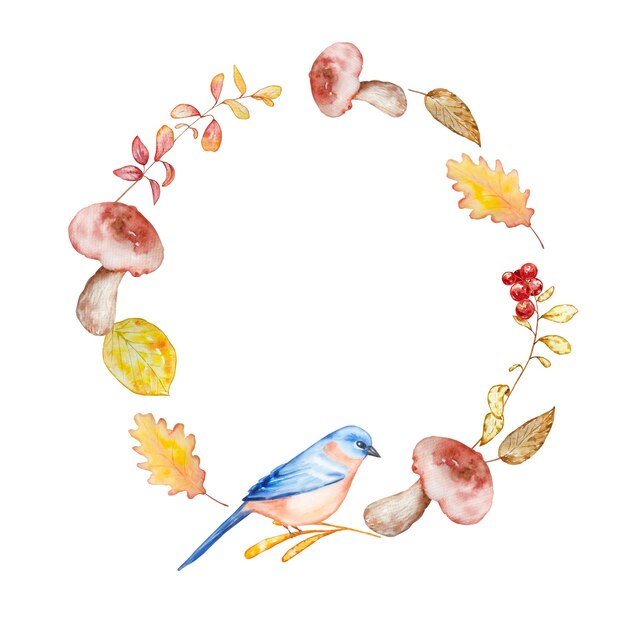 Guirnalda otoñal de acuarela pintada a mano de ramas y hojas de color amarillo anaranjado brillante, setas, bayas y bluebird. Ilustración de otoño para el diseño y el fondo