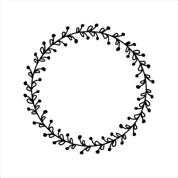 Guirnalda de plantas dibujada a mano Marco floral circular con ramas Borde de estilo doodle negro