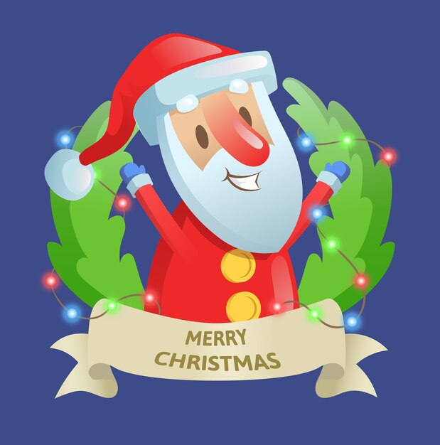 Guirnalda de puerta de vacaciones de Navidad con Santa y garland. Los mejores deseos. Ilustración de vector plano colorido. Aislado