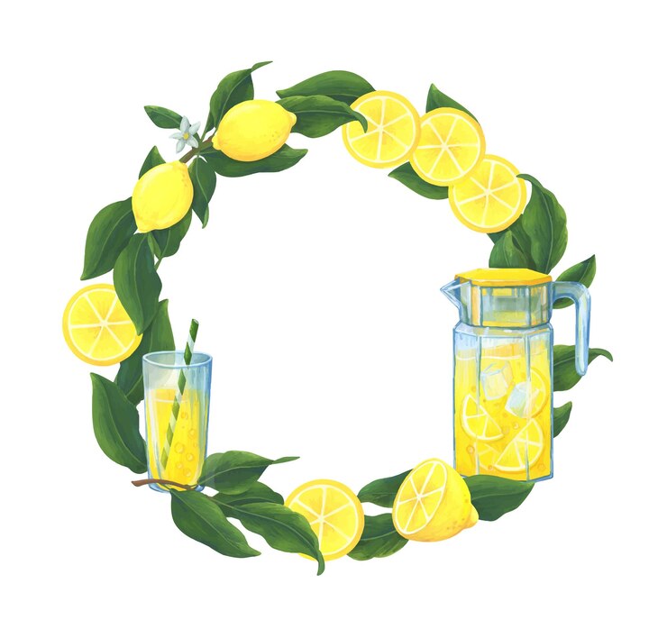 Vector guirnalda de las ramas de limón y limonada. bebida de frutas amarillas y cítricos. marco redondo