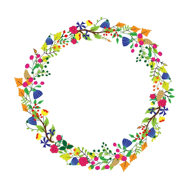Guirnalda redonda de hojas maduras bayas silvestres flores silvestres hierbas Diseño para el festival de la cosecha