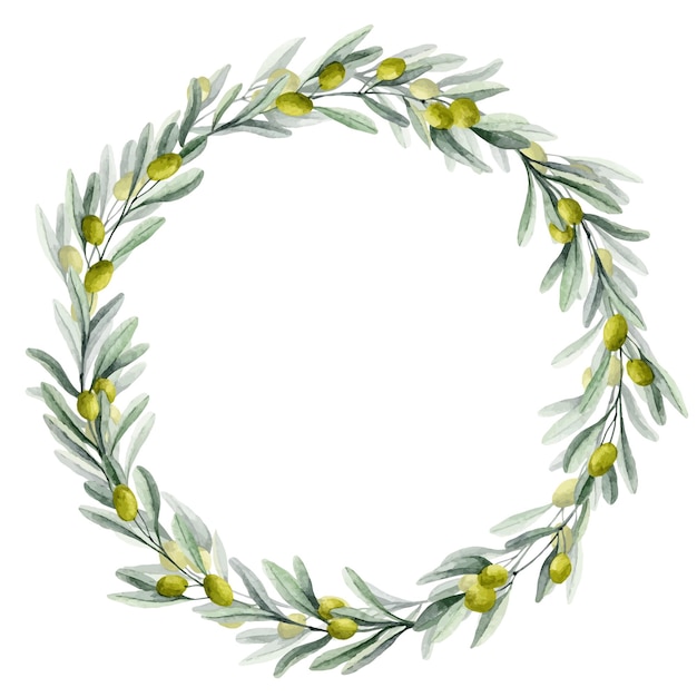 Guirnalda redonda de oliva de acuarela con hojas verdes y marco de círculo de frutas para invitaciones de boda