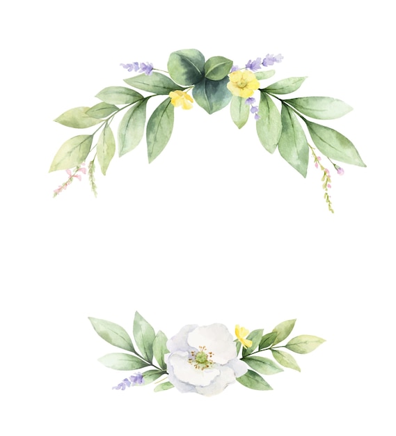 Guirnalda de vector de acuarela con flores y hojas de flores silvestres