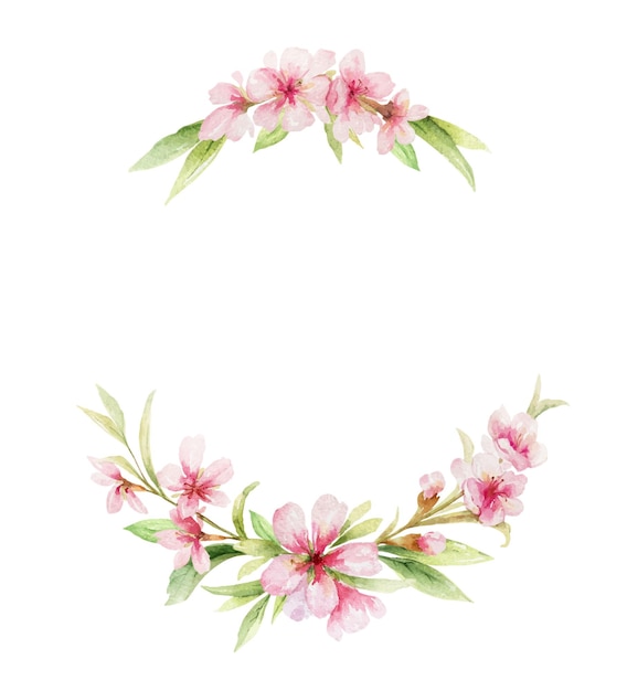Guirnalda de vector de acuarela de flores rosas y hojas de almendra