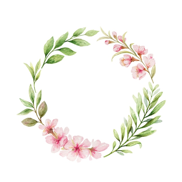 Guirnalda de vector de acuarela de flores rosas y hojas de almendra