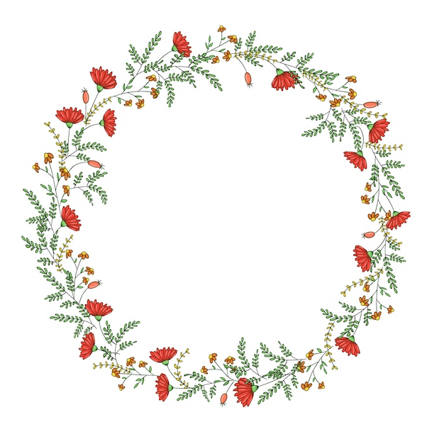 Guirnalda de vector con flores de jardín y hierbas