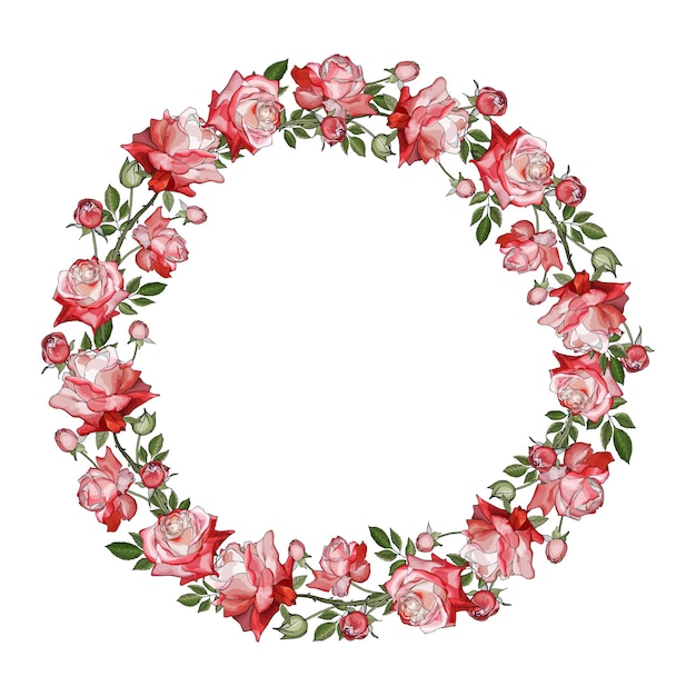 Guirnalda de vector con rosas de flores blancas rojas y hojas verdes sobre fondo blanco