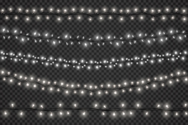 Guirnaldas de luces realistas con bombillas led para decoración navideña festiva. Navidad brillante blanca o cadena de feliz año nuevo con conjunto de vectores de lámparas. Borde de decoración para año nuevo y navidad.