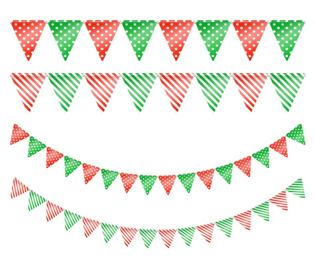 Guirnaldas navideñas con banderas triangulares verdes y rojas con patrón de puntos y rayas