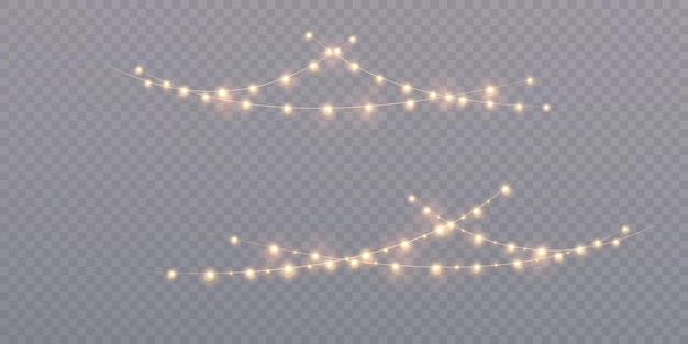 Las guirnaldas vectoriales y las luces amarillas brillan sobre un fondo transparente cadena festiva de luces vectoriales