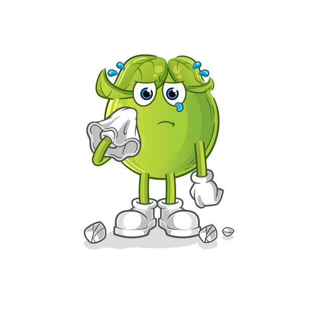 Guisante llora con un pañuelo. vector de mascota de dibujos animados