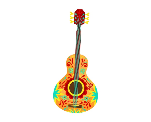 Guitarra acústica con estampado de flores coloridas aislada en blanco Vibrante decoración de estilo de arte popular mexicano Instrumento musical con ilustración de vector de diseño ornamentado