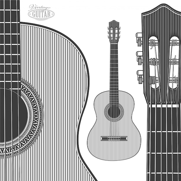 Vector guitarra acústica en estilo grabado.