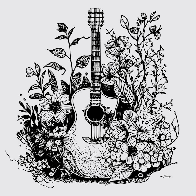 guitarra con adorno floral es un hermoso y único instrumento dibujado a mano ilustración