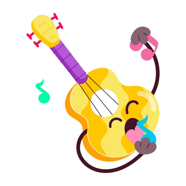 una guitarra amarilla con un mango púrpura y una banda azul y púrpura en ella