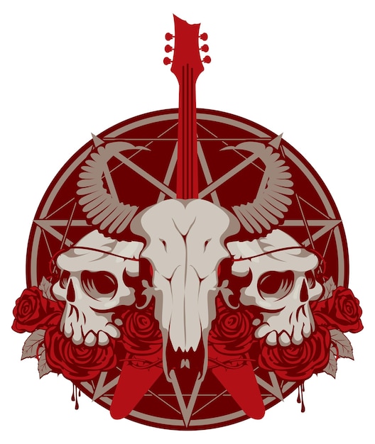 Vector guitarra y calavera de cabra y humano