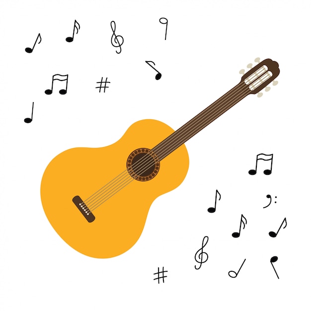Guitarra clásica de madera. Instrumento musical de cuerda pulsada. Pequeña guitarra acústica o ukelele. Equipo de rock o jazz. Pegatina con contorno.