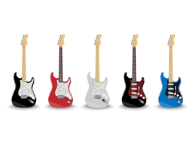Guitarra eléctrica realista en diferentes colores aislado sobre fondo blanco.