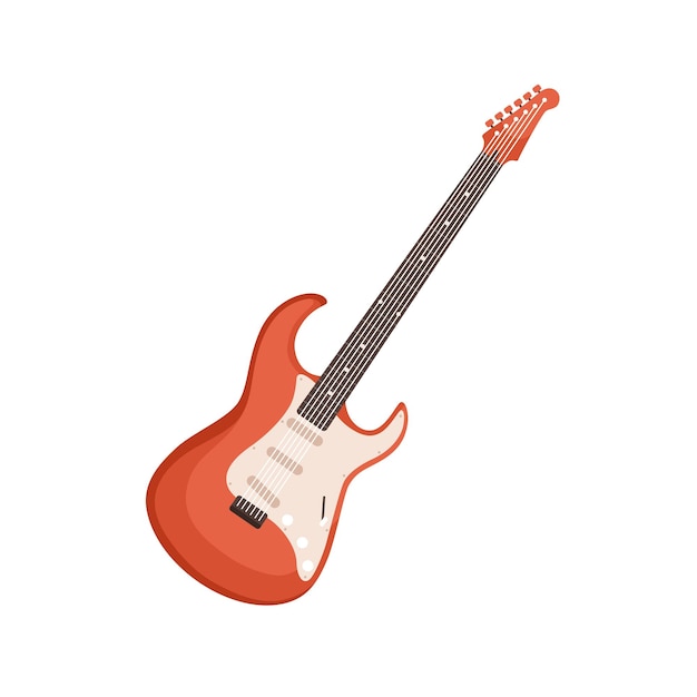 Guitarra eléctrica de seis cuerdas. Instrumento de música rock. Cool electroguitarra con diapasón y trastes. Ilustración de vector plano coloreado aislado sobre fondo blanco