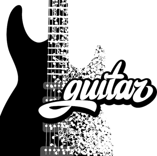 Vector guitarra en un fondo con notas y una inscripción ilustración vectorial