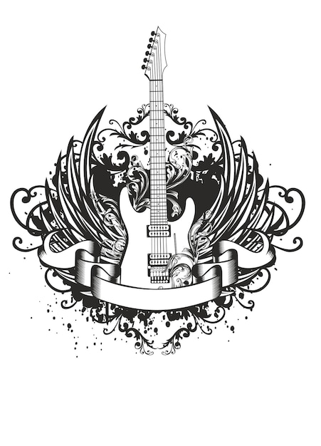 Guitarra de imagen vectorial con patrones de alas y cinta