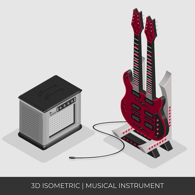 Vector guitarra isométrica 3d personalizada con 2 cuellos