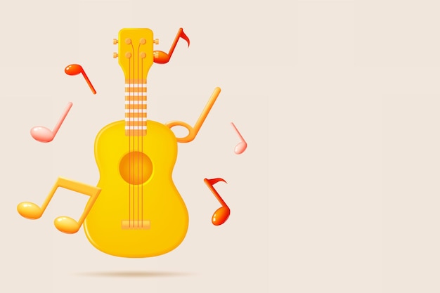 Vector guitarra o ukelele con notas musicales melodía de la canción o sintonizar vector realista 3d