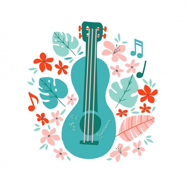 Guitarra plana dibujado a mano ilustración. Cartel de la tienda de instrumentos musicales.