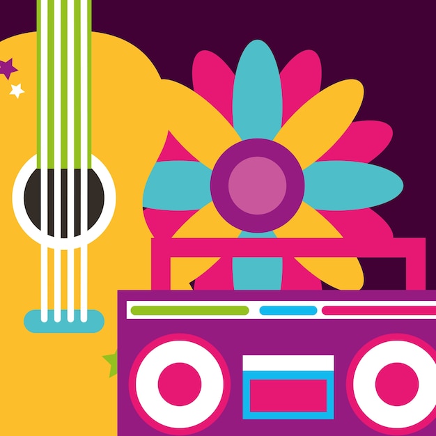 guitarra de radio estéreo y flores hippie espíritu libre
