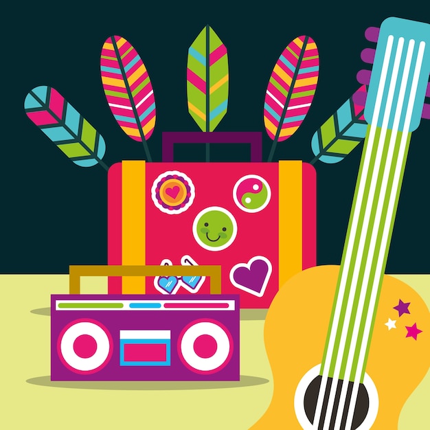 guitarra y radio maleta plumas espíritu libre