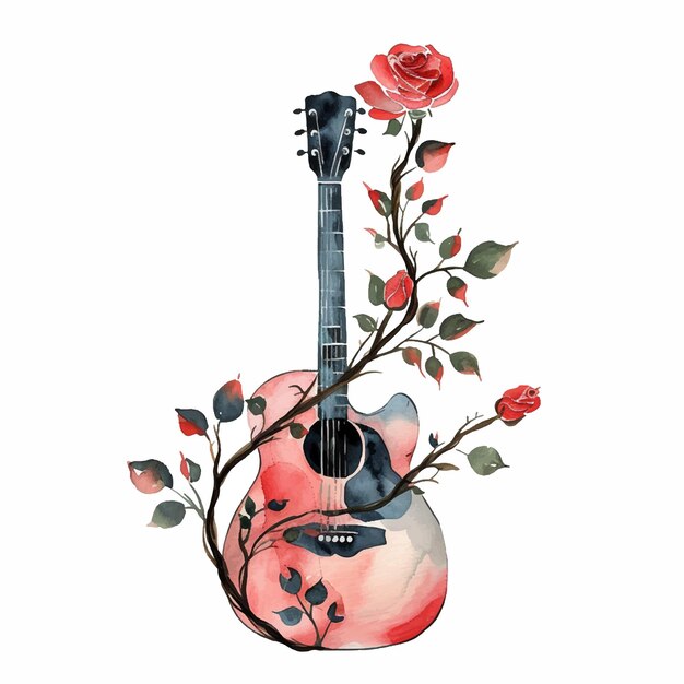 Vector la guitarra rodeada de rosas pintadas con acuarela