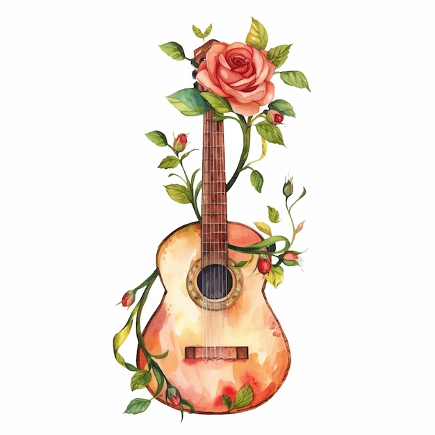 La guitarra rodeada de rosas pintadas con acuarela