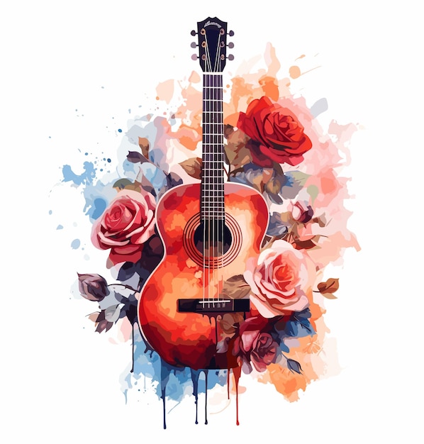 Vector una guitarra roja con flores y una imagen de una guitarra