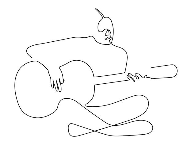 Guitarrista en arte minimalista de una sola línea dibujando a una mujer sentada y tocando una guitarra