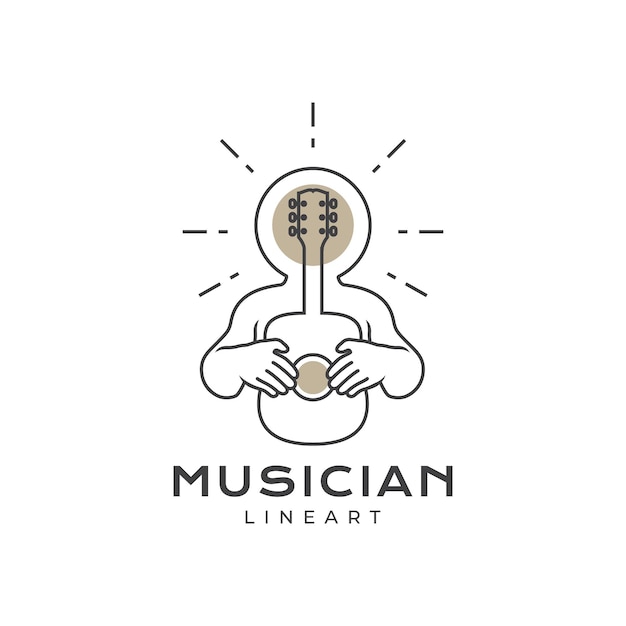 Guitarrista músico arte líneas minimalistas canción moderna concierto brillo mascota logo icono vector ilustración