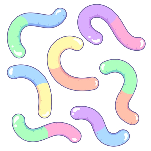 Gummie gusanos mermelada jalea conjunto de dibujos de estilo dibujos animados lindo ilustración