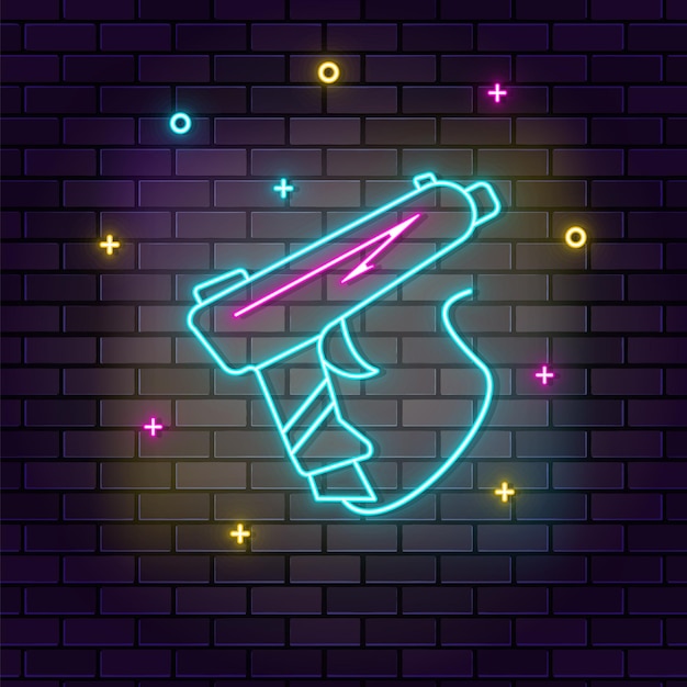 Vector gun shoot game retro arcade neon en la pared fondo oscuro pared de ladrillo icono de neón