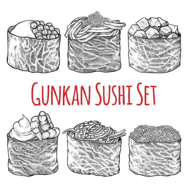 Gunkan maki set rollos de sushi dibujados a mano ilustración de vector de comida