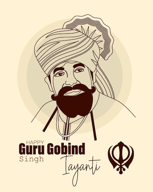 Gurú Gobind Singh, último gurú sij, héroe de la India. Arte de línea sobre fondo beige, vector