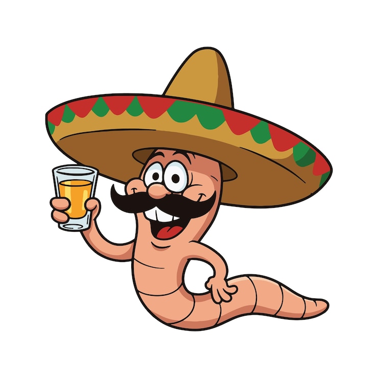 Vector un gusano festivo en sombrero disfrutando del tequila