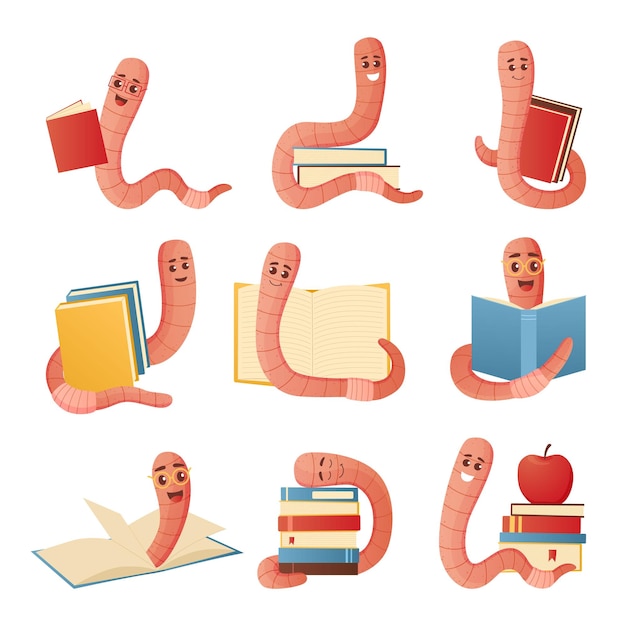 Gusano de libro Personaje de dibujos animados en vasos con montones de libros de texto Linda mascota educativa de lombrices de tierra con cara graciosa Gusano de lluvia aislado arrastrándose y leyendo literatura Conjunto de insectos vectoriales