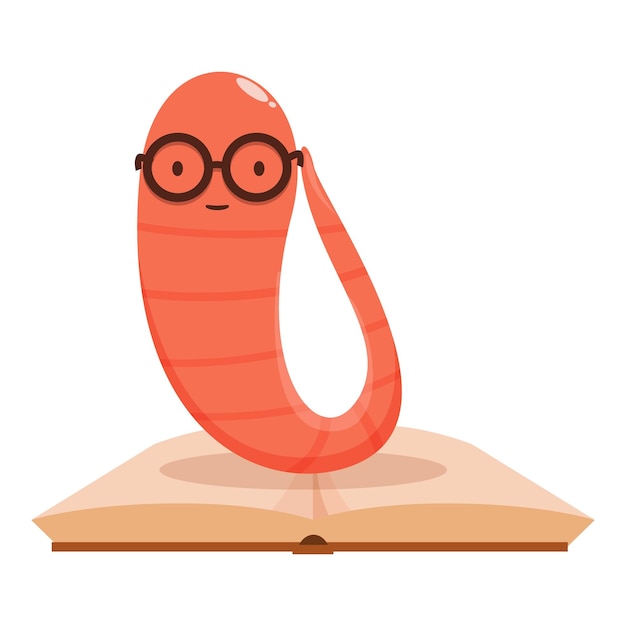 Un gusano lindo con gafas leyendo un libro sobre un fondo blanco.