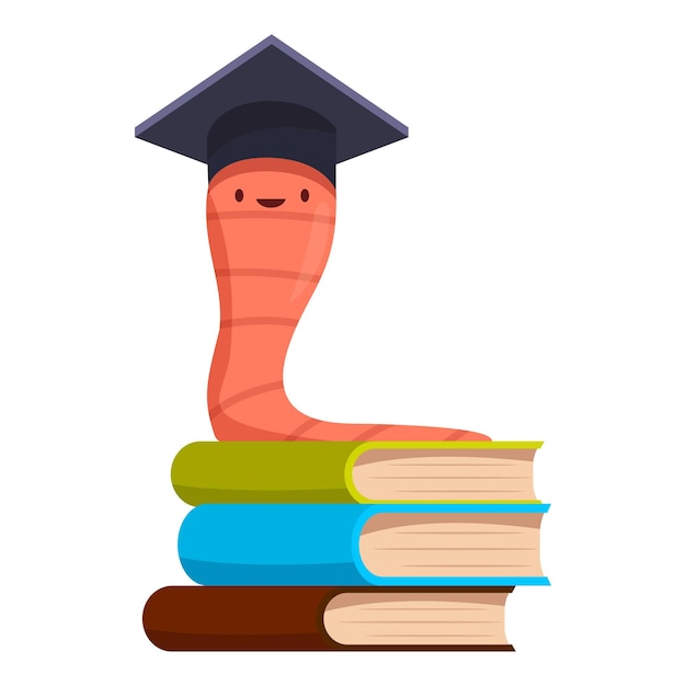 Un gusano sonriente con un sombrero de graduación sentado en una pila de libros.